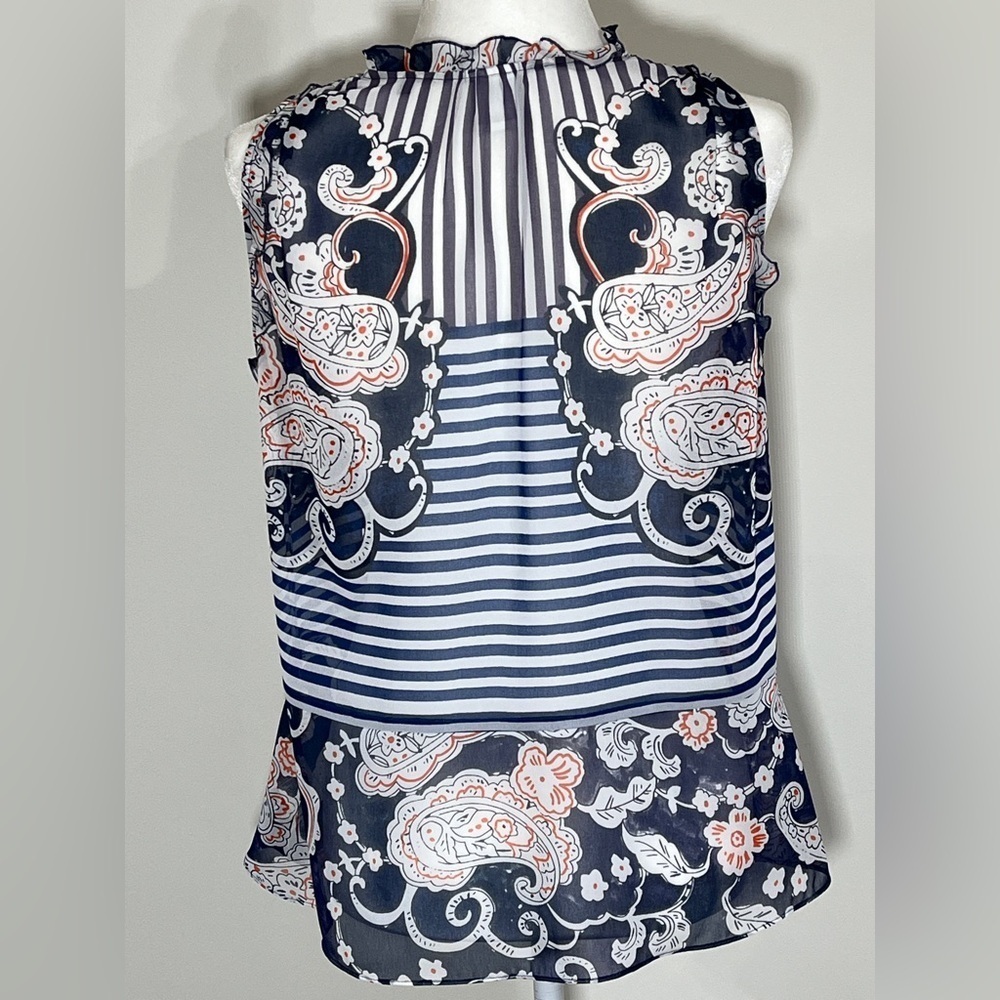 CAbi Style 5349 Paisley Peplum Vneck Sleeveless Blouse Paisley & Stripe Sheer XS - Picture 2 of 9